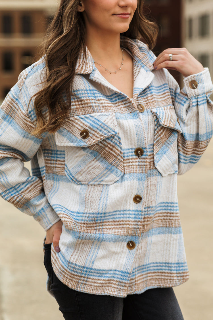Winter Blues - Taupe & Baby Blue Plaid Shacket