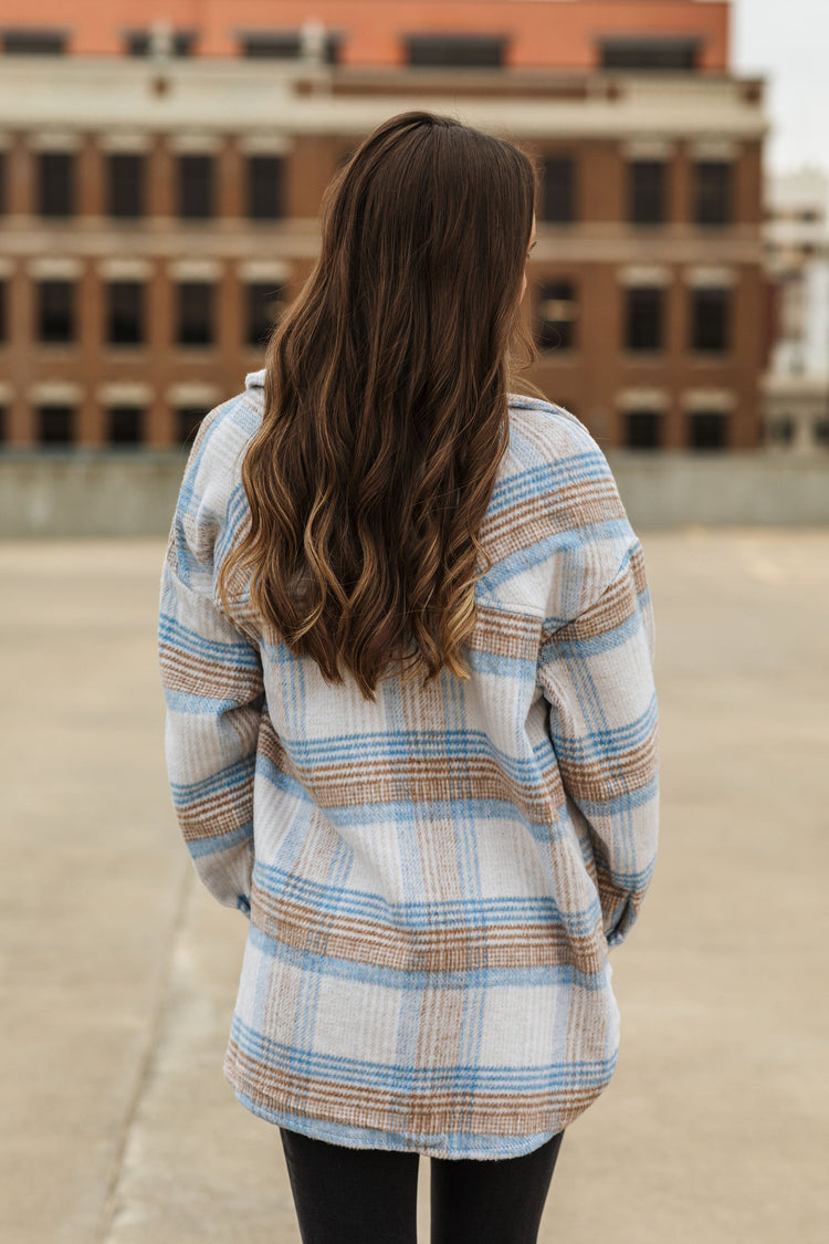 Winter Blues - Taupe & Baby Blue Plaid Shacket