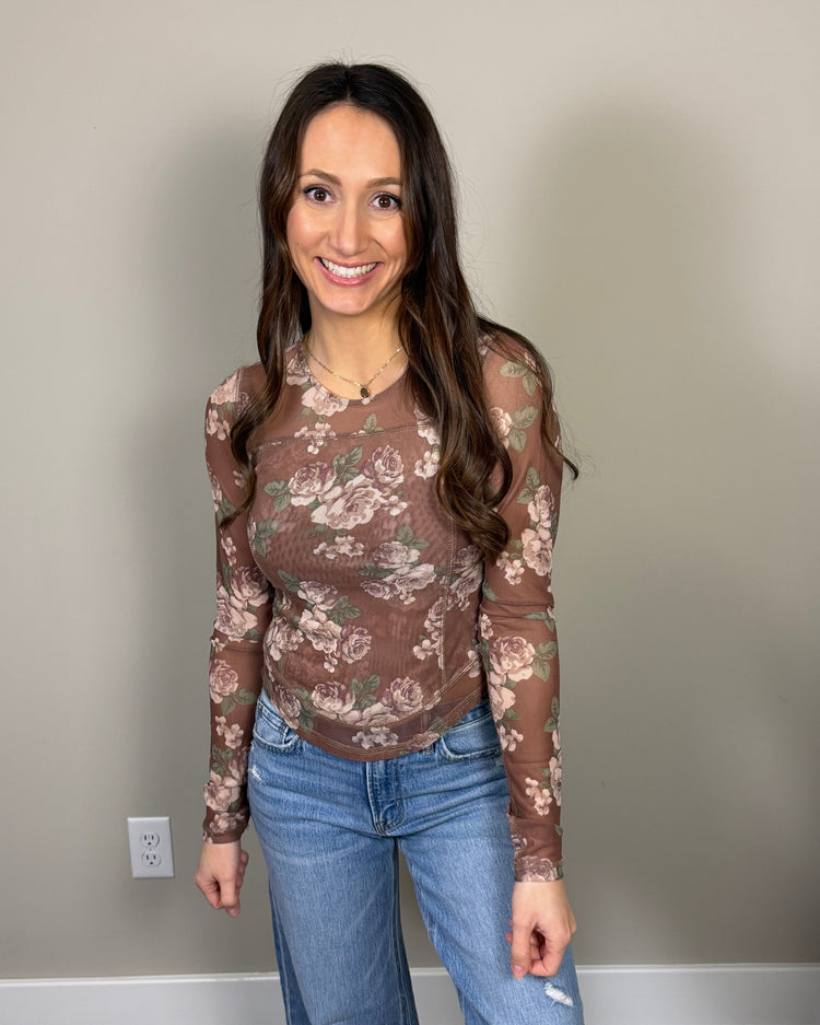 Brown Floral Mesh Layering Top
