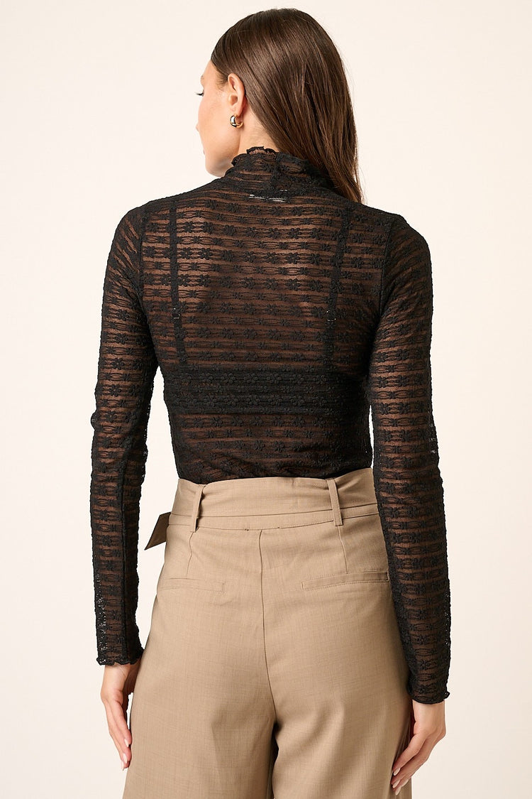 Flower Daze - Floral Lace & Sheer Mock Neck Long Sleeve Shirt