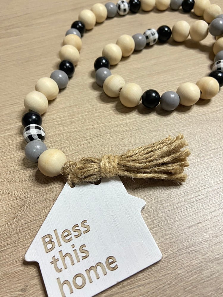Wooden Beads - Bless this Home -Grey & Plaid