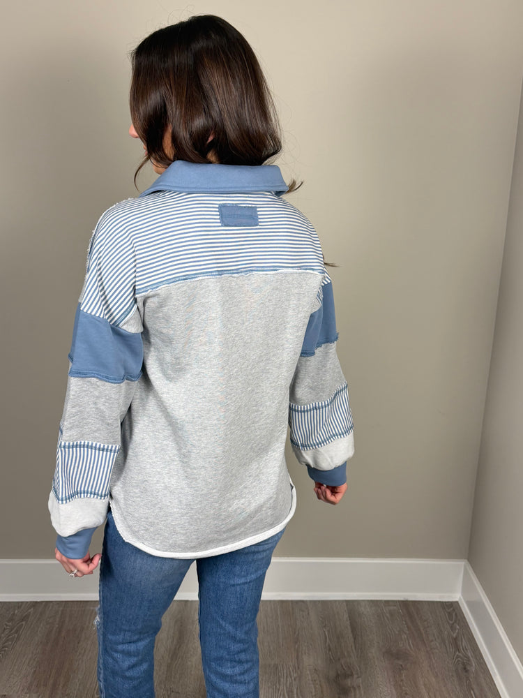 Patchwork Long Sleeve - Blue & Grey Striped