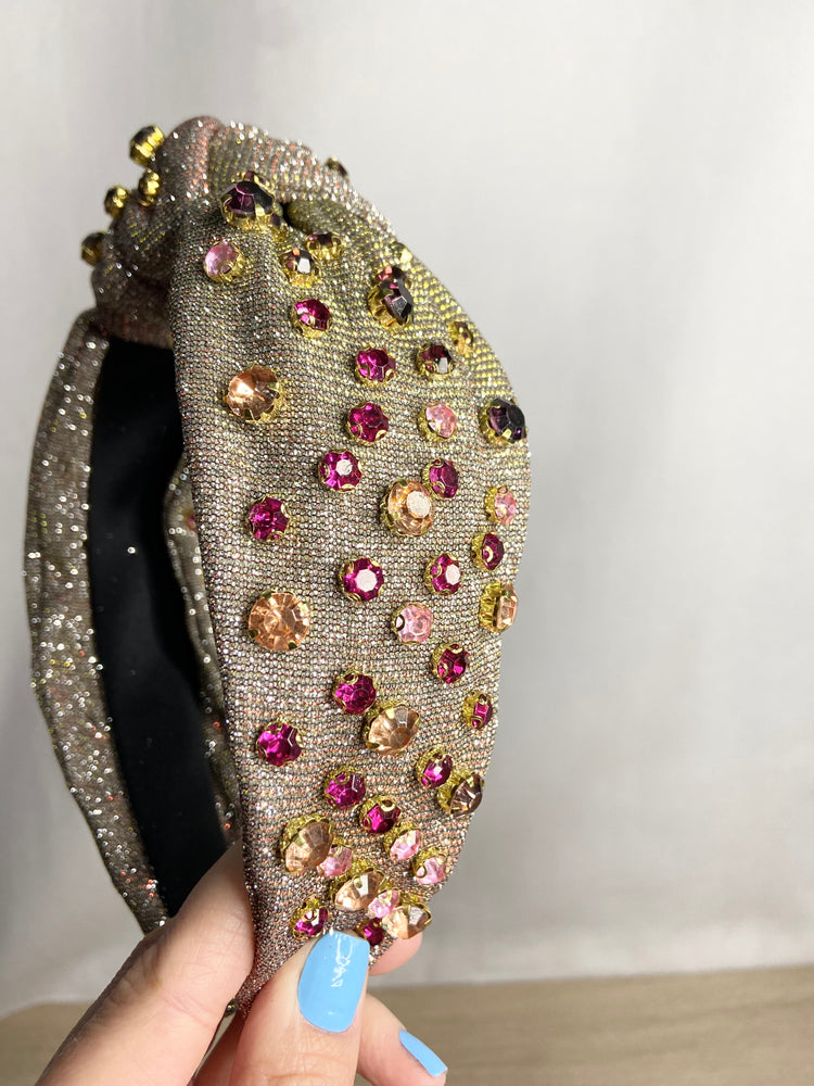 Shine-On Headband! - Elegant Metallic & Rhinestone Top Knot Headband - Grey & Pink