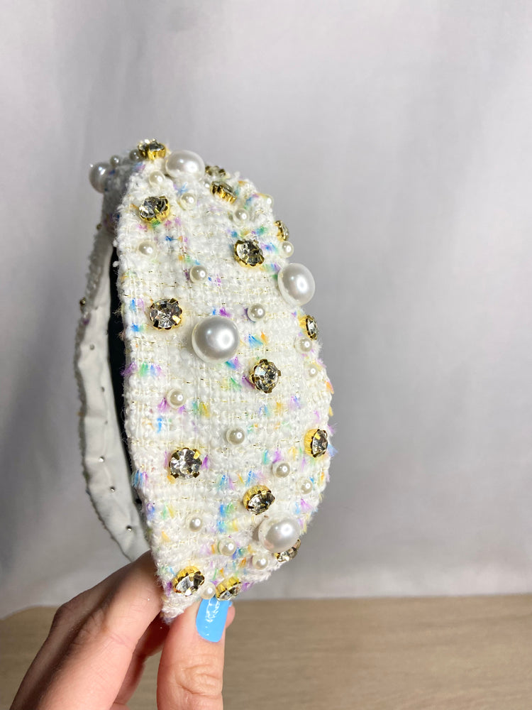 Pure Essence Headband - Elegant Tweed & Pearl Top Knot Headband in White & Multicolor