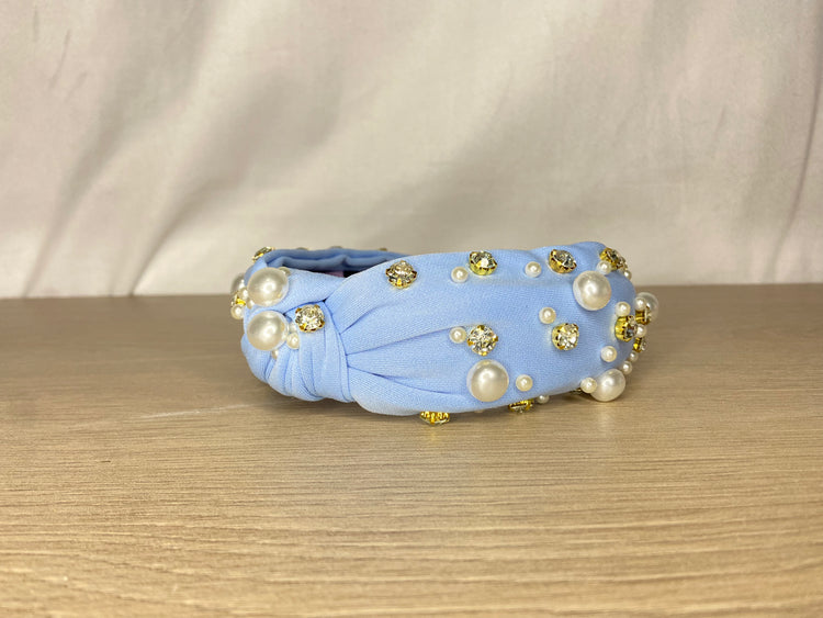 Pops of Blue Headband! - Pink Pearl & Rhinestone Top Knot Headband
