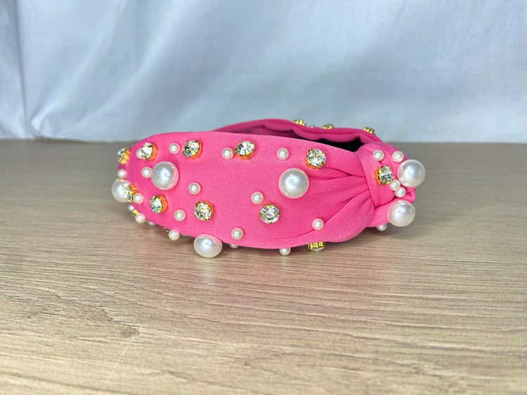 Pop of Pink Headband! - Pink Pearl & Rhinestone Top Knot Headband