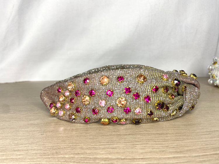 Shine-On Headband! - Elegant Metallic & Rhinestone Top Knot Headband - Grey & Pink