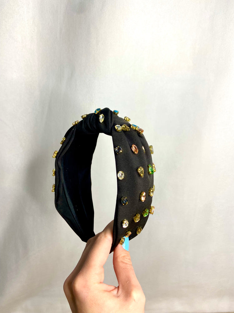 Black Headband! - Black & Multicolor Rhinestone Top Knot Headband