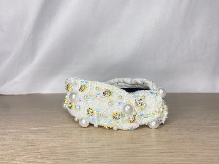 Pure Essence Headband - Elegant Tweed & Pearl Top Knot Headband in White & Multicolor