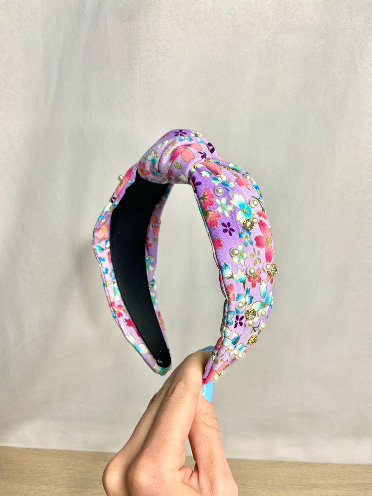 Floral Feels Headband- Purple Floral Mini Pearl & Rhinestone Top Knot Headband