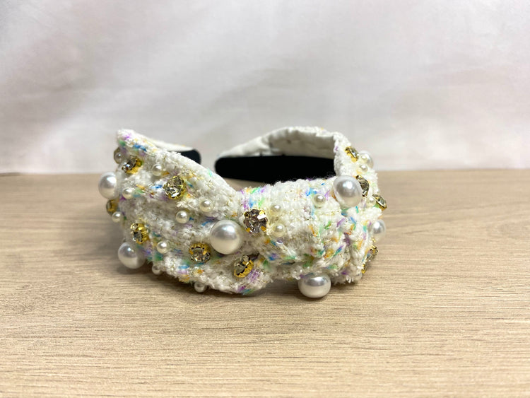 Pure Essence Headband - Elegant Tweed & Pearl Top Knot Headband in White & Multicolor