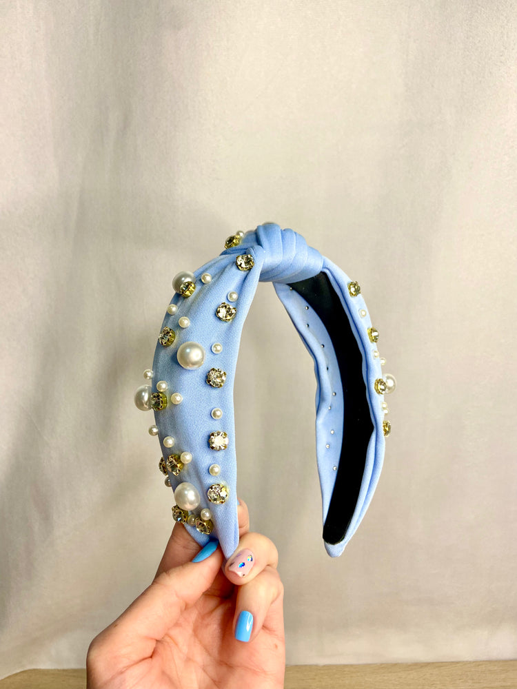 Pops of Blue Headband! - Pink Pearl & Rhinestone Top Knot Headband
