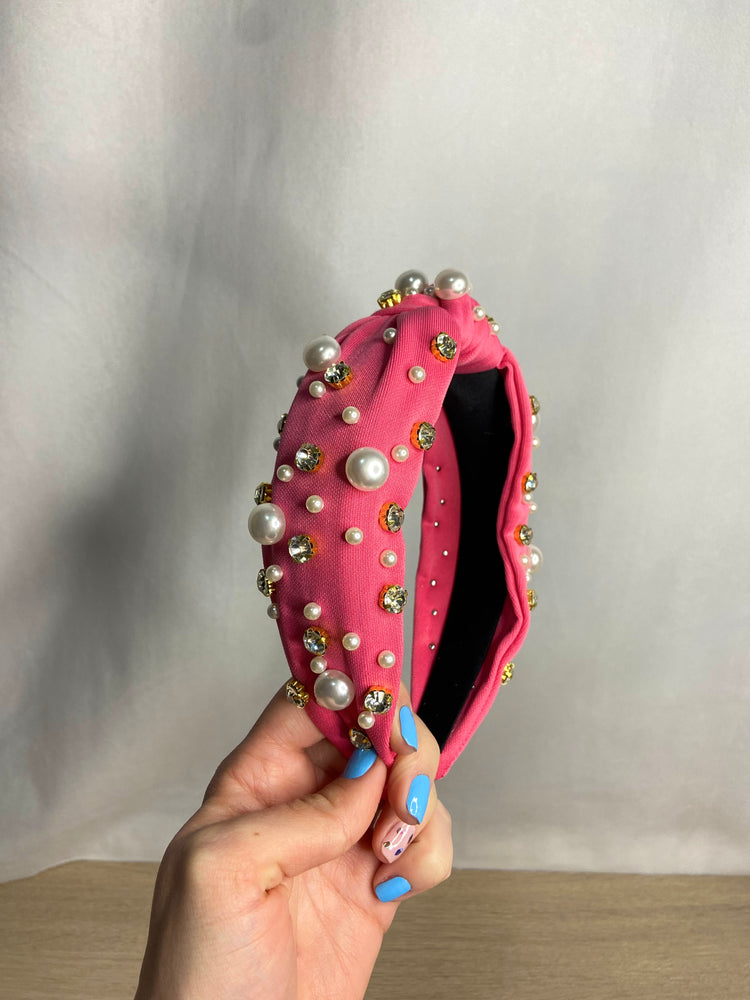 Pop of Pink Headband! - Pink Pearl & Rhinestone Top Knot Headband