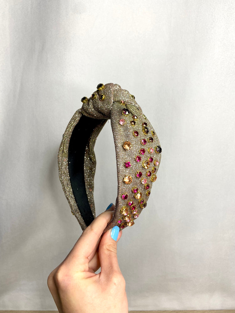 Shine-On Headband! - Elegant Metallic & Rhinestone Top Knot Headband - Grey & Pink