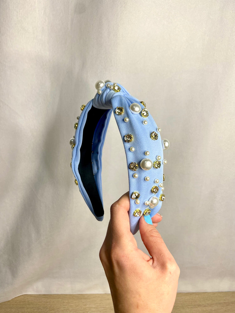 Pops of Blue Headband! - Pink Pearl & Rhinestone Top Knot Headband