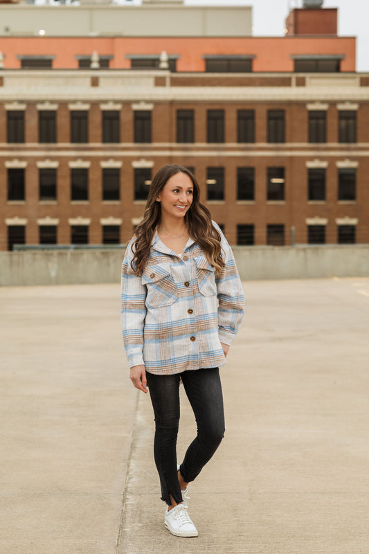 Winter Blues - Taupe & Baby Blue Plaid Shacket