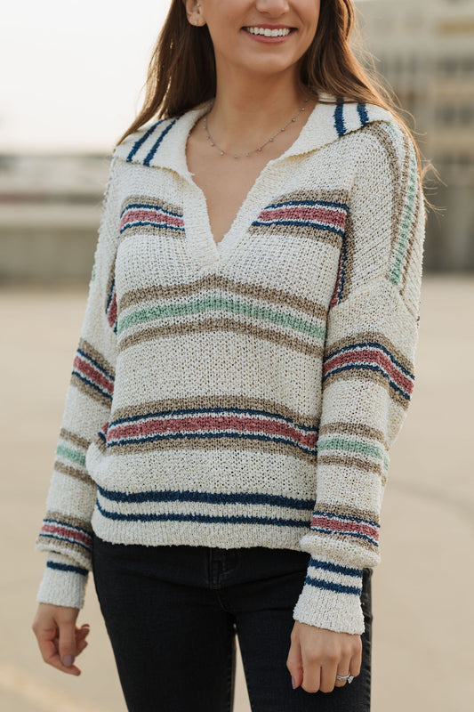 The Sierra- Multicolor Striped Collared Sweater