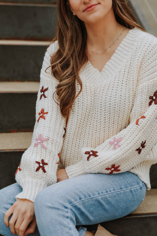 Crochet Flowers Cream Sweater