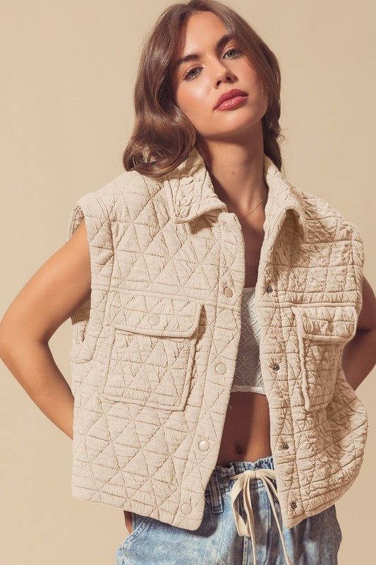 The Madalyn - Triangle Quilted Vest - Taupe