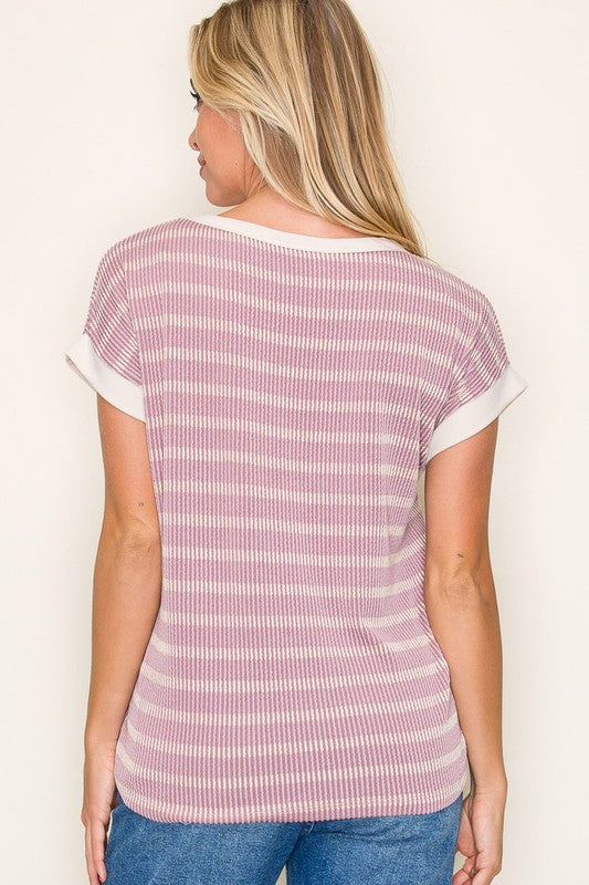 Mauve & Stripes- Ribbed Short Sleeve Top