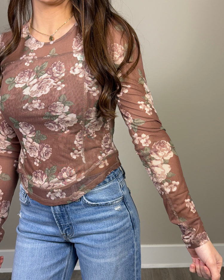Brown Floral Mesh Layering Top