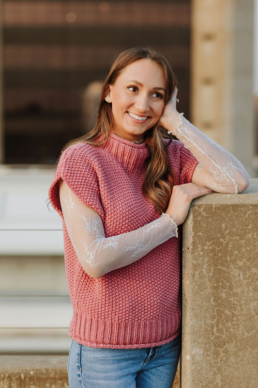 Think Pink- Knit Mock-neck Sweater Vest