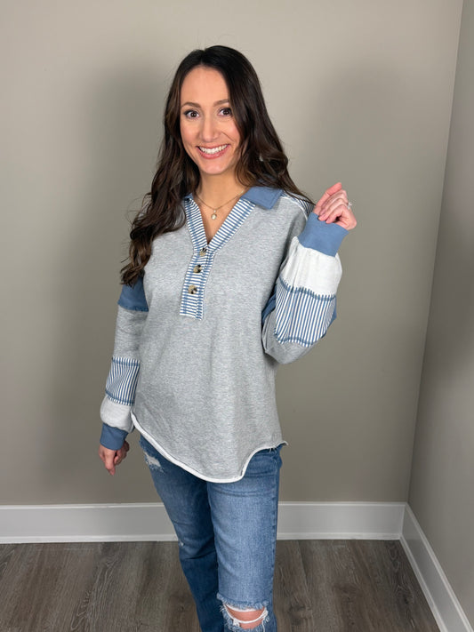 Patchwork Long Sleeve - Blue & Grey Striped