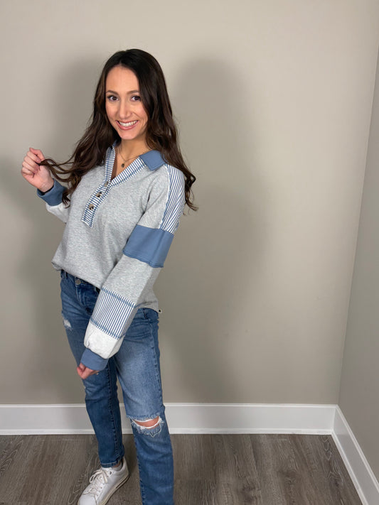 Patchwork Long Sleeve - Blue & Grey Striped
