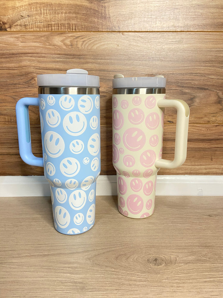 40 oz Insulated Tumbler - in Smiley Face-  Light Pink & Beige