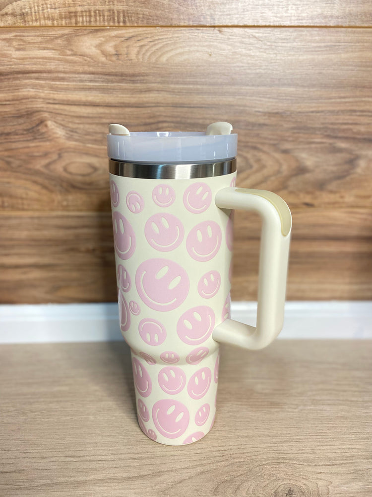40 oz Insulated Tumbler - in Smiley Face-  Light Pink & Beige