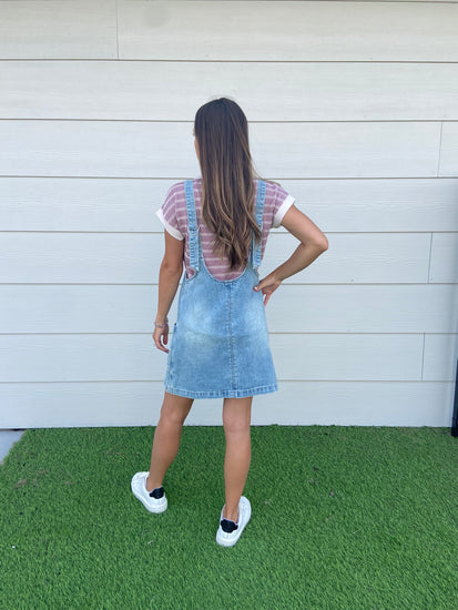 overall pink dress Anna-Kaci Distressed Denim Overall Midi Dress - Pink