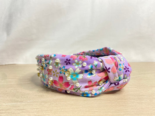 Floral Feels Headband- Purple Floral Mini Pearl & Rhinestone Top Knot Headband