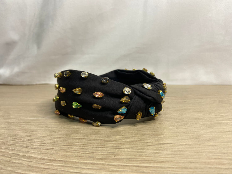 Black Headband! - Black & Multicolor Rhinestone Top Knot Headband